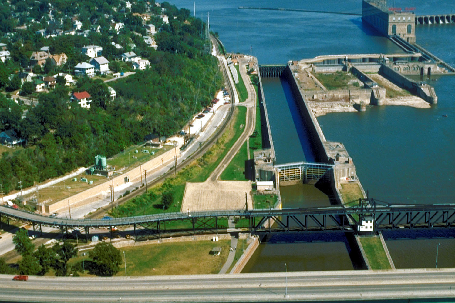 Aerial view of Keokuk, Iowa along the Mississippi River